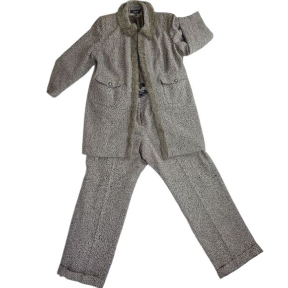 Vintage Style Signature By Larry Gray Texured Coat Set With Wide Legged Trousers - Picture 16 of 16